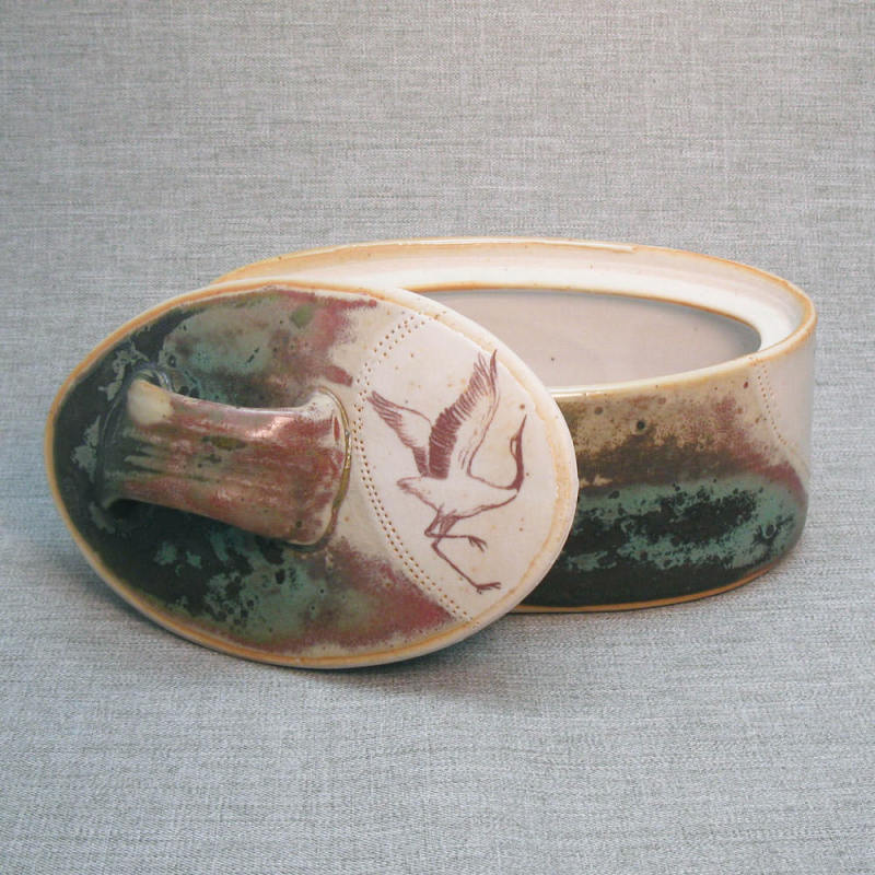 Duy Huynh and Julie Covington pottery collaboration ,Dancing Cranes Lidded Jar