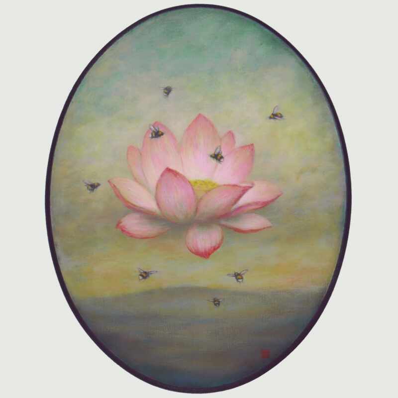 Duy Huynh painting "Above and Beyond", floating pink lotus surrounded by bees