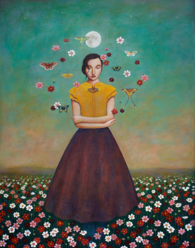 Duy Huynh painting "Among the Cosmos", woman in a field of cosmos flower under a full moon and surrounded by moths