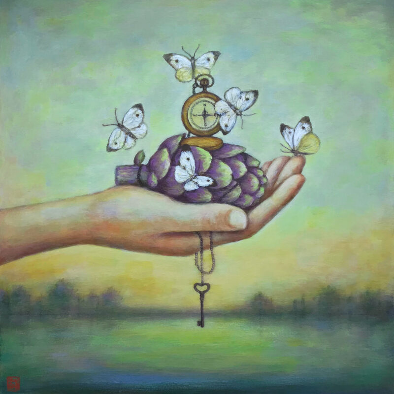 Duy Huynh painting "Be Still My Heart", hand holding a purple artichoke heart with stop watch, key and white cabbage butterflies
