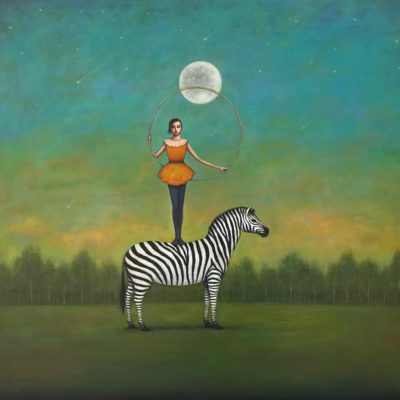 Duy Huynh painting - Between the Stars and Stripes, woman with hoop on zebra, under a full moon