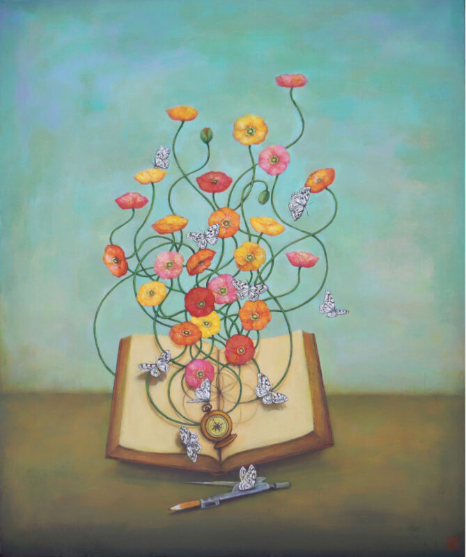Duy Huynh painting - "Bloom Wherever Planted", paper white butterflies flutter around poppies that bloom from a book, two types of compasses are at the base of the book.