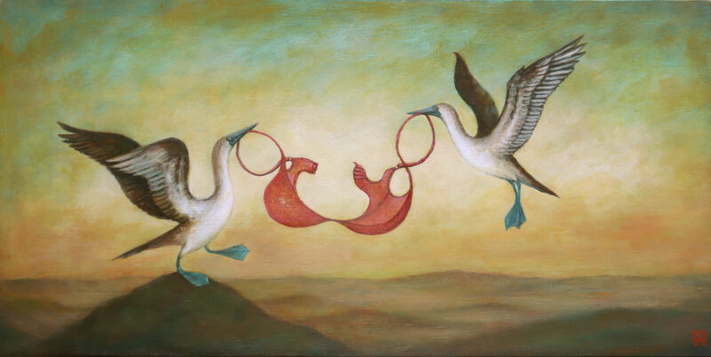 Duy Huynh painting "Booby Trap", two blue-footed booby birds holding a bra