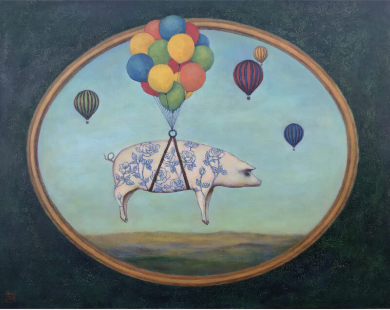 Duy Huynh painting - Cautiously Optimistic, pig with rose pattern being lifted by balloons.
