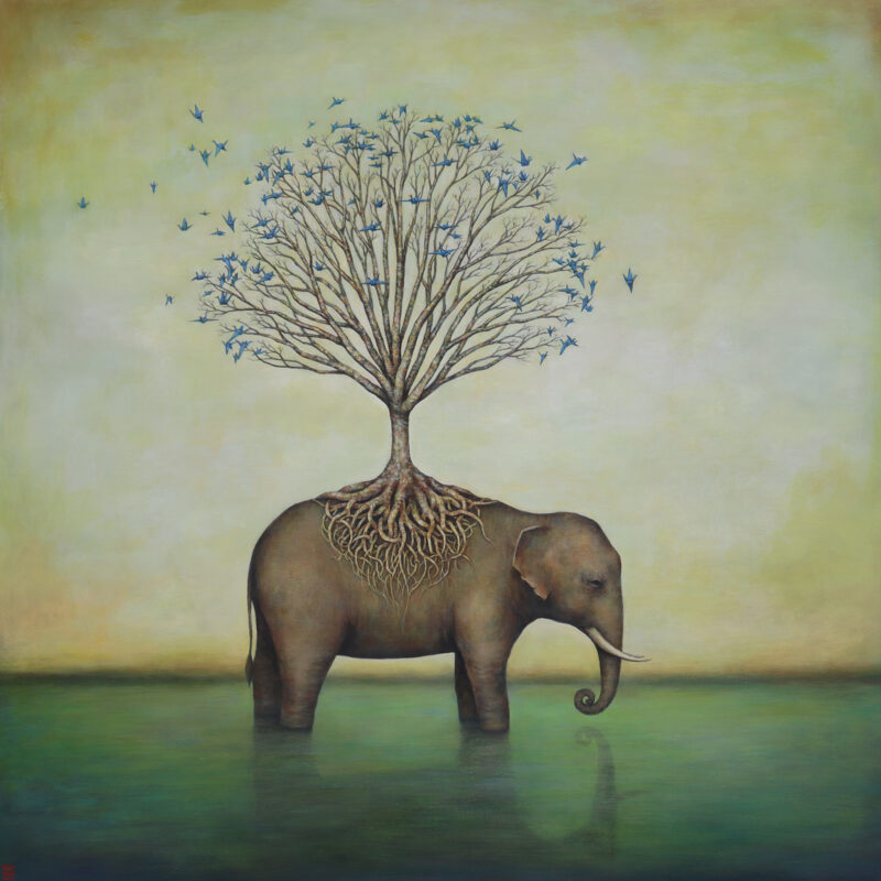 Duy Huynh painting - "Collective Wisdom", an elephant standing in water with a tree rooted on it's back and blue paper cranes