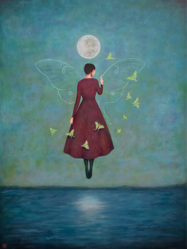 Duy Huynh painting - Drawn Together, a woman levitating over the ocean, under a full moon. She draws a luna moth in the sky and is surround by luna moths.