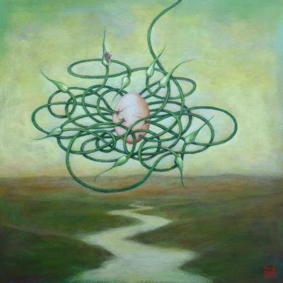 Duy Huynh painting - Egg-scape-ism, egg in the middle of a garlic scape 