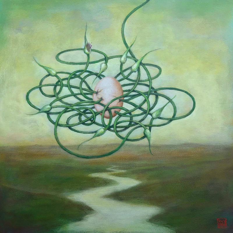 Duy Huynh painting - Egg-scape-ism, egg in the middle of a garlic scape "nest"
