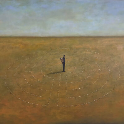 Duy Huynh painting - Eggcessive Rumination. Narrative artwork with a man standing in a maze of his own making, made of eggs.