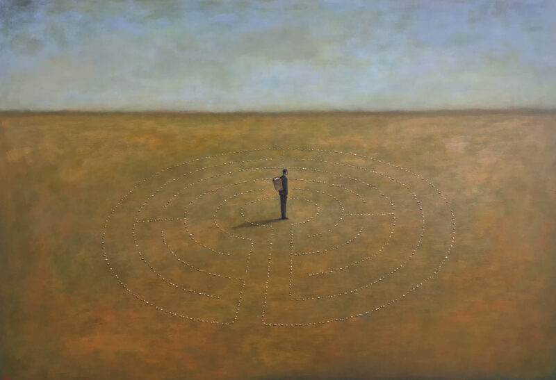 Duy Huynh painting - Eggcessive Rumination. Narrative artwork with a man standing in a maze of his own making, made of eggs.