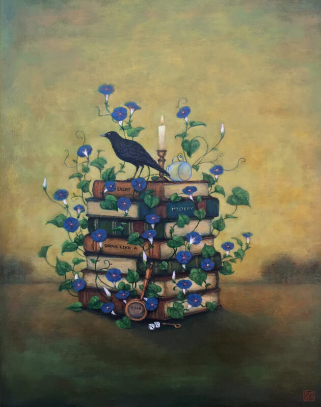 Duy Huynh painting - Every Mystery Grows Like a Vine, stack of books entwined with morning glories with crow sitting on top.