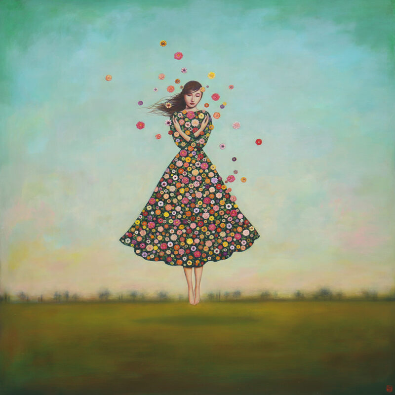 Duy Huynh painting - "Flourish", woman hovering over the ground with a dress made of flowers