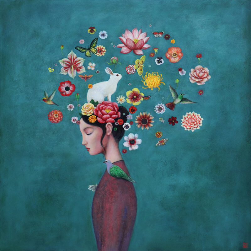Duy Huynh painting - Growing Optimism, a woman with a white rabbit on her head. Flowers, birds and butterflies swirl around.