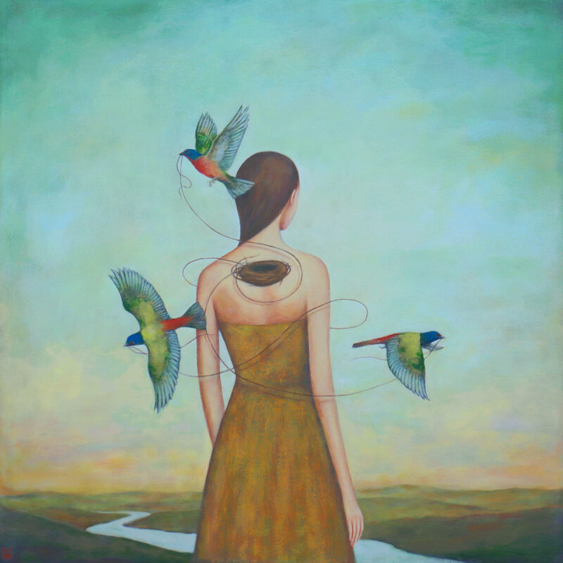 Duy Huynh painting - Habitatoo, woman with painted buntings weaving a nest on her back