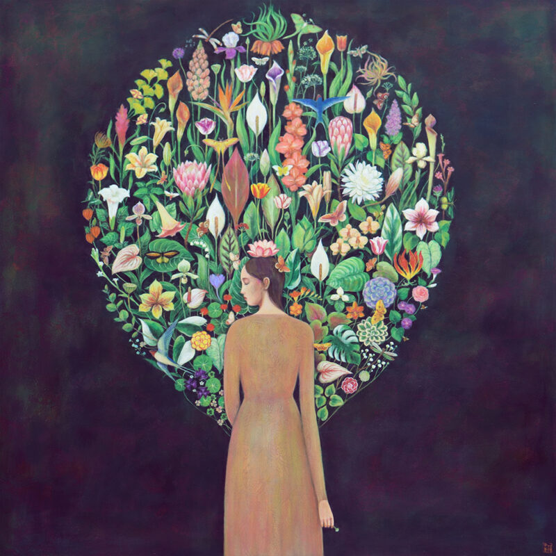 Duy Huynh painting "Homage", woman with a lotus flower on her head and an array of flowers and botanicals forming a oval around her