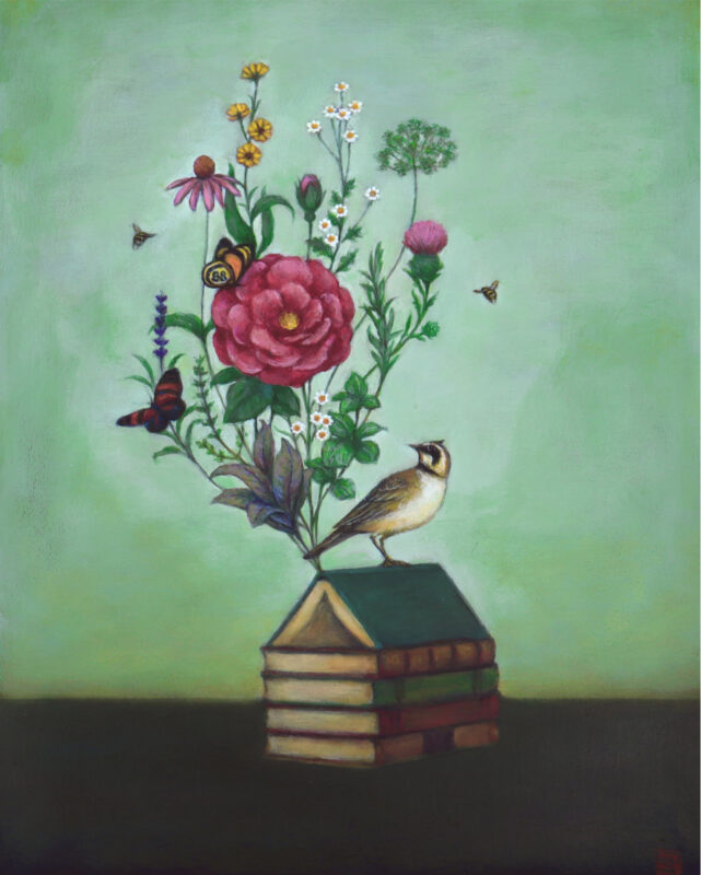 Duy Huynh painting - "Home Remedies", a lark perches atop a stack of books that form a house shape. An apothecary rose and medicinal herbs grow from the books.