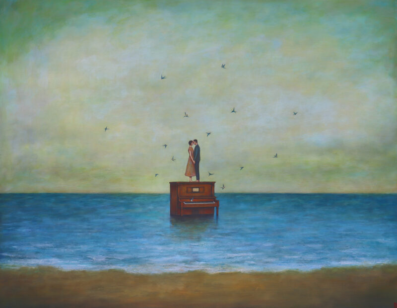 Duy Huynh painting - Homecoming, a couple stands on a piano in the ocean with birds swirling around