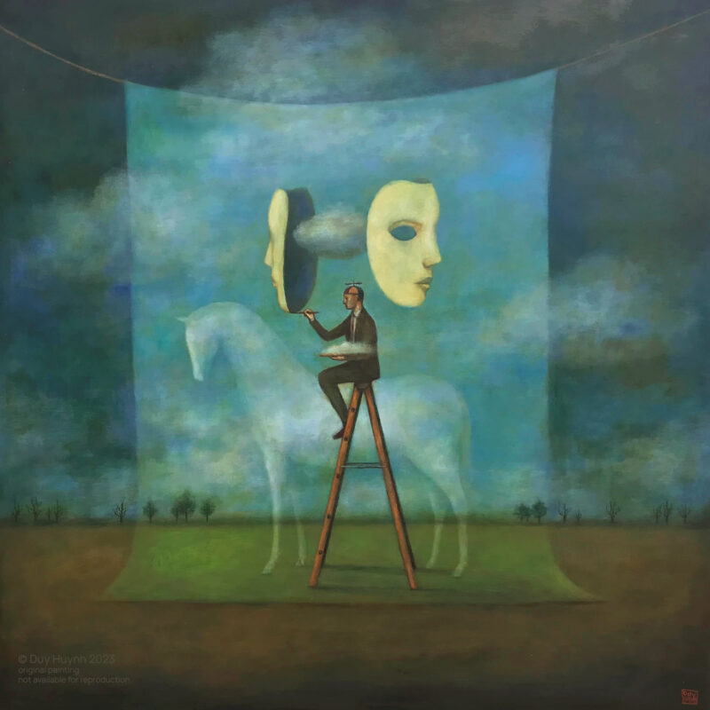 Duy Huynh painting - Imposter Syndrome. Narrative, surreal artwork.