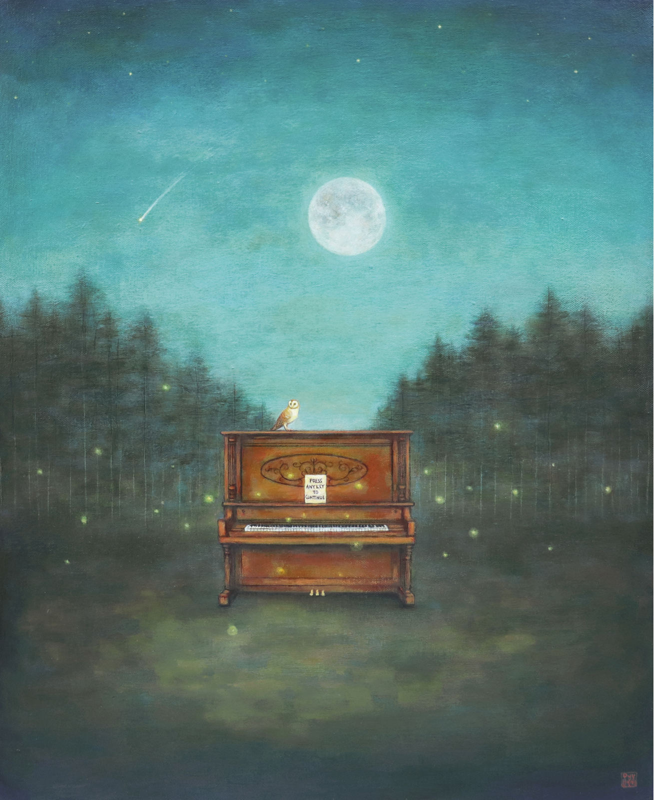 Duy Huynh painting titled "Keys to Progress", features an owl sitting on a piano surrounded by fireflies. The piano sits in the forest, under a night sky with a full moon and shooting star.