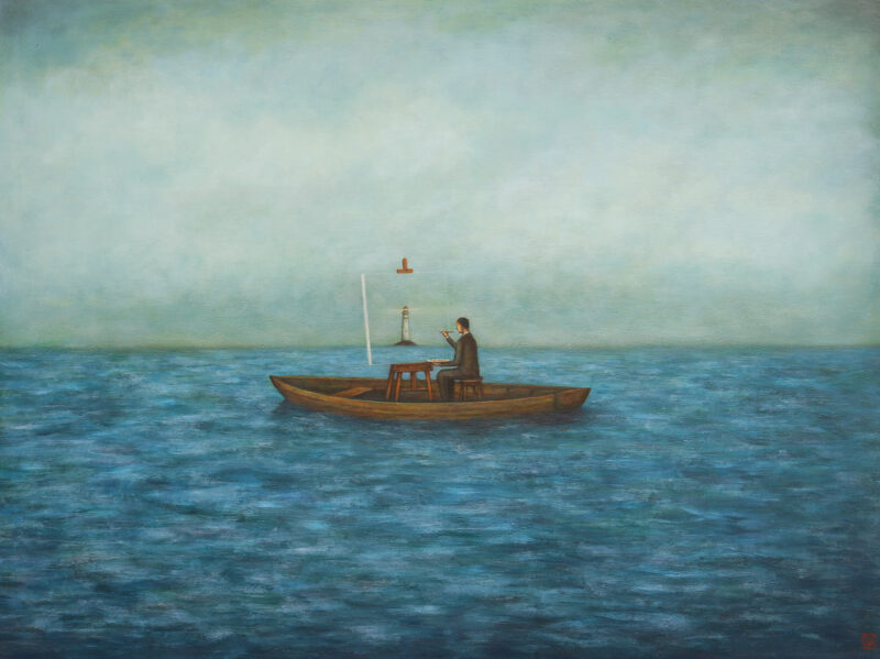 Duy Huynh painting - "Lightsource", a man in a small boat in the ocean, painting a lighthouse.