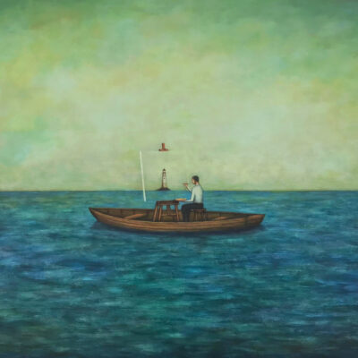 Duy Huynh painting -Lightsource, man on a small boat in the ocean painting a lighthouse.