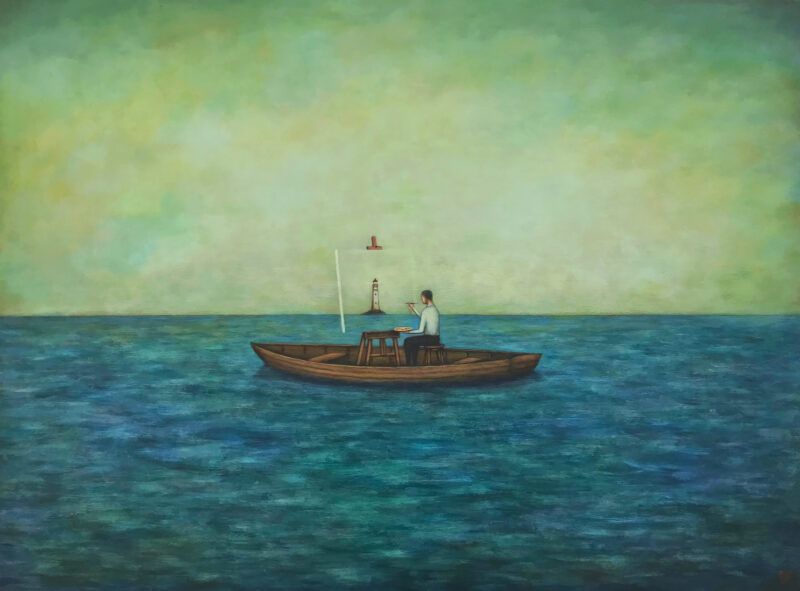 Duy Huynh painting -Lightsource, man on a small boat in the ocean painting a lighthouse.