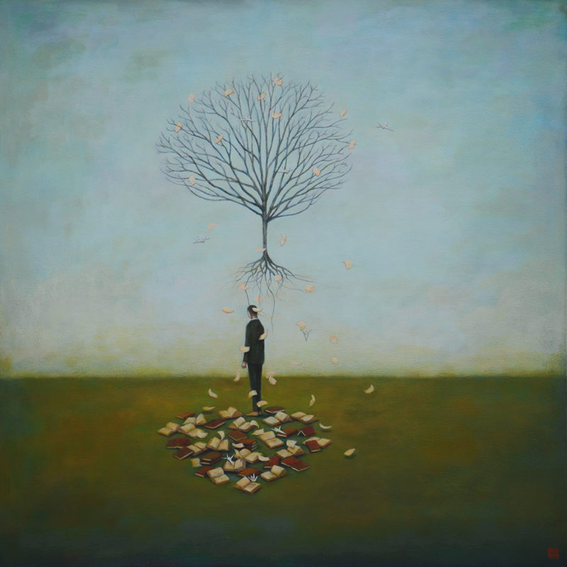 Duy Huynh painting, Malleability of Memory - man with tree, books and paper cranes