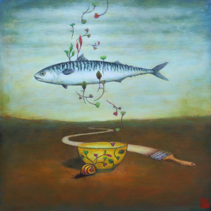 Duy Huynh painting "Misunderstanding of Mackerel and Micro Management" - mackerel fish and micro greens