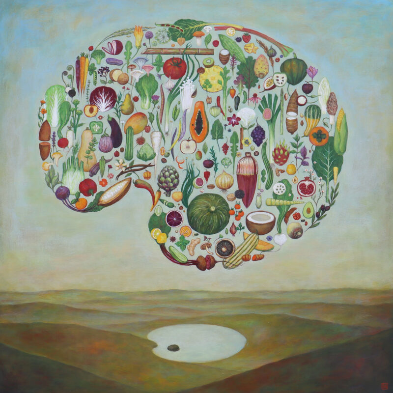 Duy Huynh painting "Palate to Palette", a food inspired painting featuring a myriad of fruits and vegetables making up the shape of a brain. The image hovers over an open landscape with a lake shaped like an artist's paint palette.