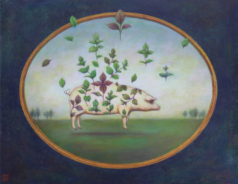 Duy Huynh painting "Portrait with Peculiar Pig-mints" - a pig surrounded by various types of mint