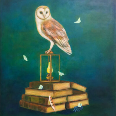 Duy Huynh painting - Progress Over Perfection. Owl sitting on a lantern on top of a stack of books.