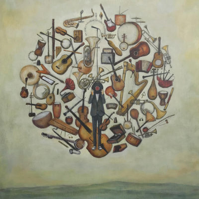 Duy Huynh painting - QuaranTunes - man surrounded by musical instruments