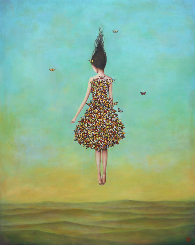 Duy Huynh painting - "Renascent", a woman levitating - rising upwards with a dress comprised of butterflies