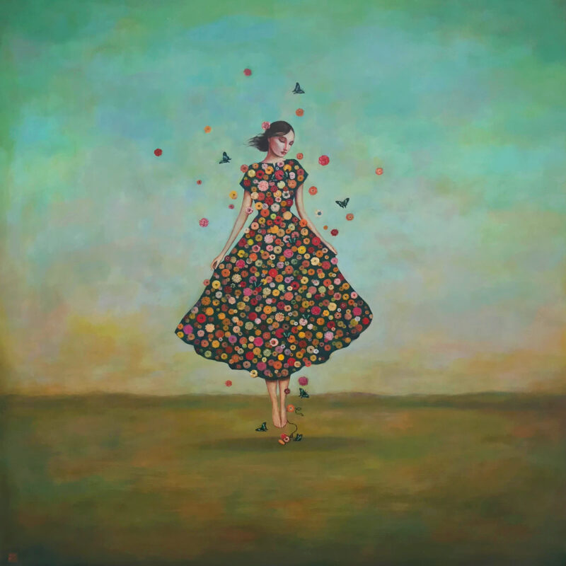 Duy Huynh painting - Renewed Spirit, levitating woman with a dress of flowers, a pocket watch at her feet, with flowers and butterflies swirling around her.