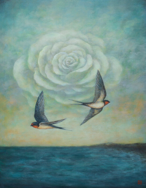 Duy Huynh artwork - "Reverence and Reverie ", 18 x 14" acrylic on wood painting two swallows and a white rose "cloud" over the ocean.