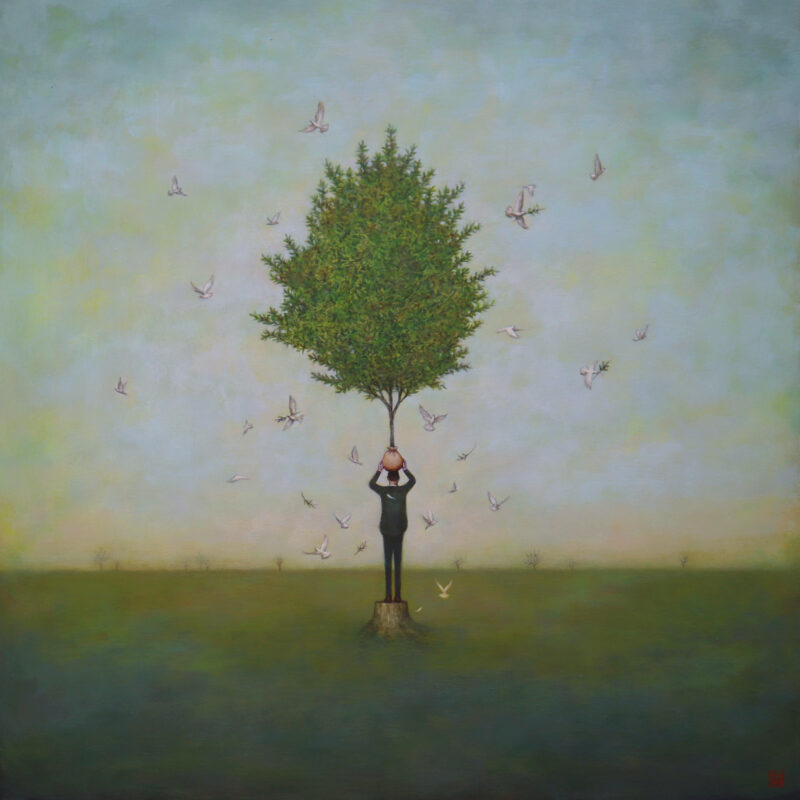 Duy Huynh painting - "Savior Complex", man standing on the stump of a cut down tree, staring into an empty landscape. He hold a olive tree over his head while doves swirl around carrying olive branches.