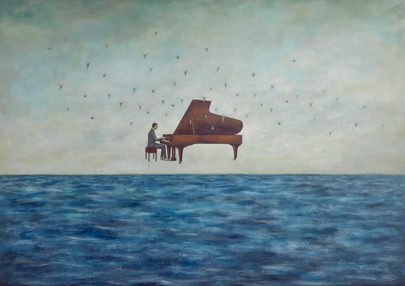 Duy Huynh painting - Sea of Solace, man playing piano above the sea