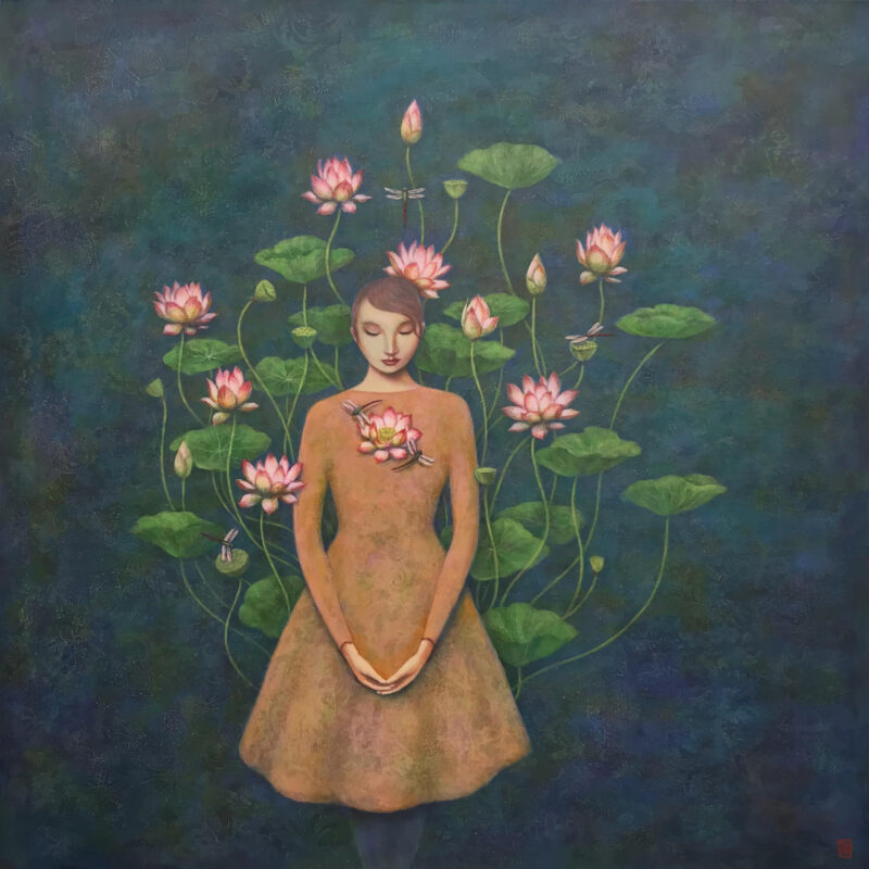 Duy Huynh painting "Seeds of Intention", a woman stands with lotus flowers blooming around her, adorned with dragonflies.
