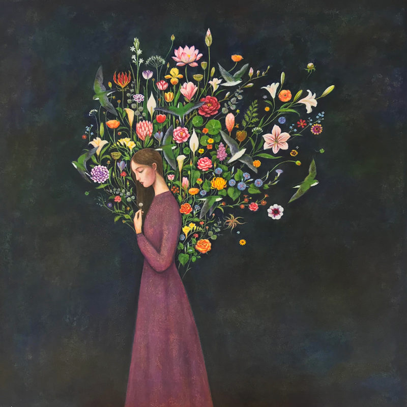 Duy Huynh painting - Setting Intentions, woman with flowers