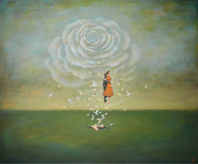 Duy Huynh painting - "Shared language", a couple embraces, levitating above an open book with pages, birds and roses swirling around. A large rose "cloud" forms a backdrop.