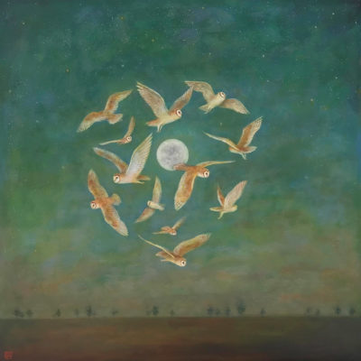 Duy Huynh painting - Vespertine Hearts, barn owls and full moon