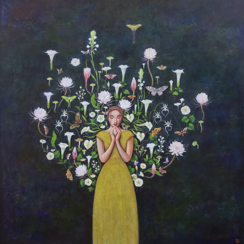 Duy Huynh painting titled "Vespertine", features a woman surrounded by night blooming flowers.