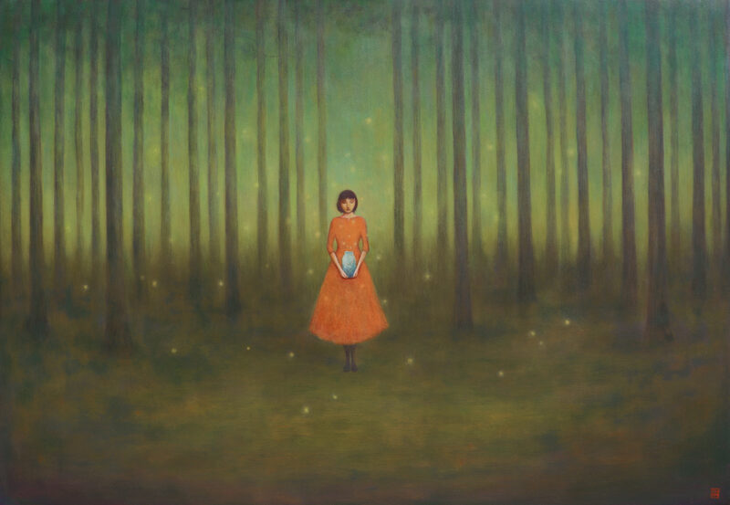 Duy Huynh painting - Wandering Light, evening scene with a woman surrounded by trees, she holds a jar and fireflies light the sky