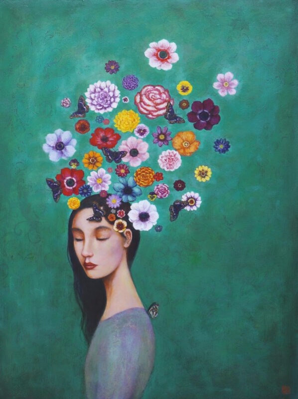Duy Huynh painting - "Windflower Reverie", portrait of a woman with flowers and butterflies swirling around her head.