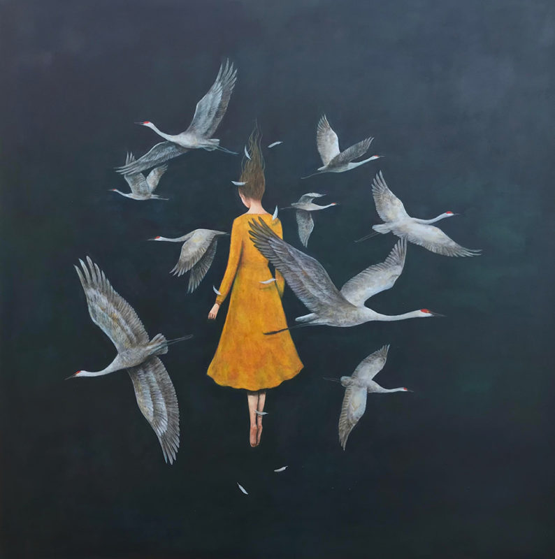 Duy Huynh painting - woman floating with sandhill cranes