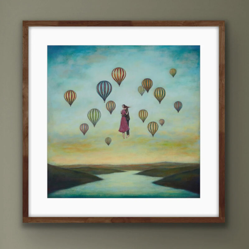 Duy Huynh "New Dawn Rising" limited edition print, couple embracing with hot air balloons in the sky.