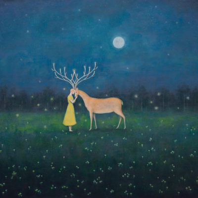 Duy Huynh painting - Luminaries, woman with deer in field of bioluminescent mushrooms