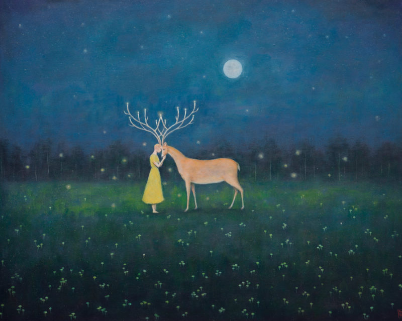 Duy Huynh painting - Luminaries, woman with deer in field of bioluminescent mushrooms