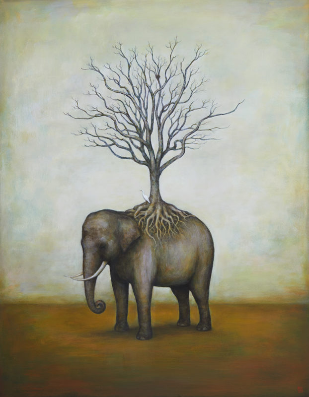 Duy Huynh artwork - Enduring Companionship painting, elephant with cattle egret and tree on back
