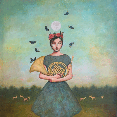 Duy Huynh painting - Melody Brings Fawn Memories, woman with French horn and young deer
